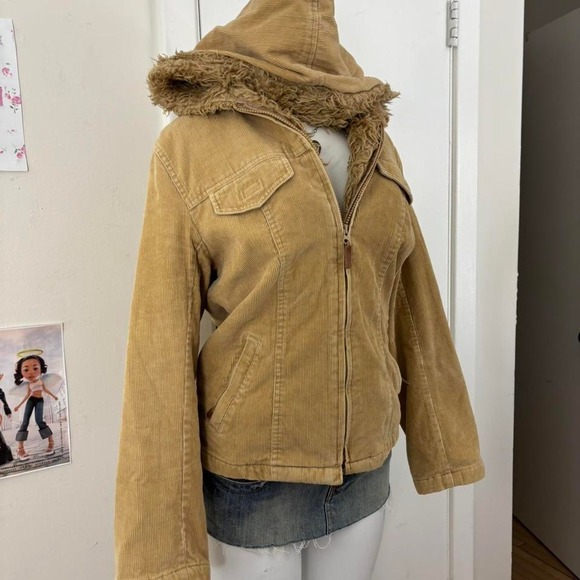 NEVADA Y2K Corduroy Faux Fur Hooded Bomber Jacket Tan Gorpcore / Cozy Aesthetic - Picture 4 of 6